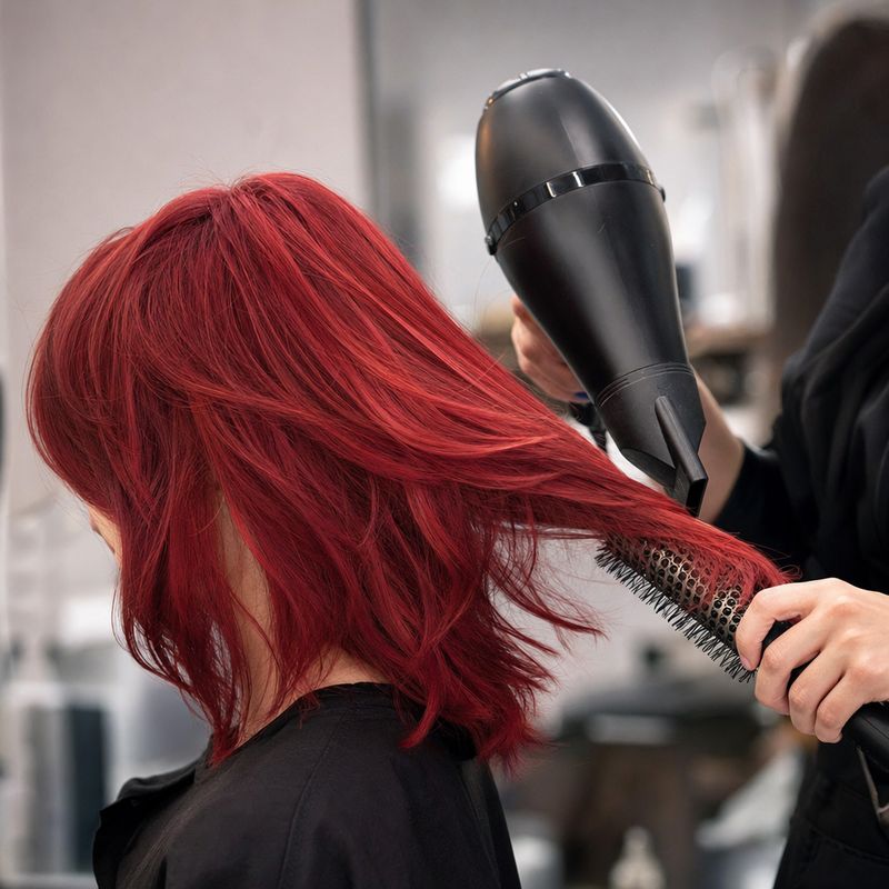 a stylist's hands blow-drying a shoulder-length vivid cherry-red shag in motion, photographed from the side with dryer and round brush clearly visible; final styling in progress, no blonde and no copper balayage