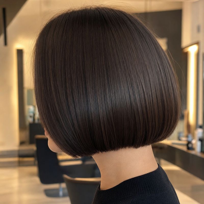 a finished razor-sharp chin-length bob in uniform glossy espresso brown, photographed as a tightly cropped side profile; no waves, no blonde and no copper