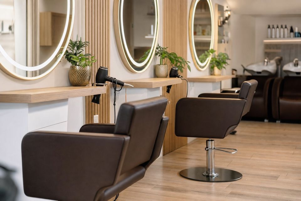 the room seen from a different angle, detail of the working area, chairs and mirrors, no people