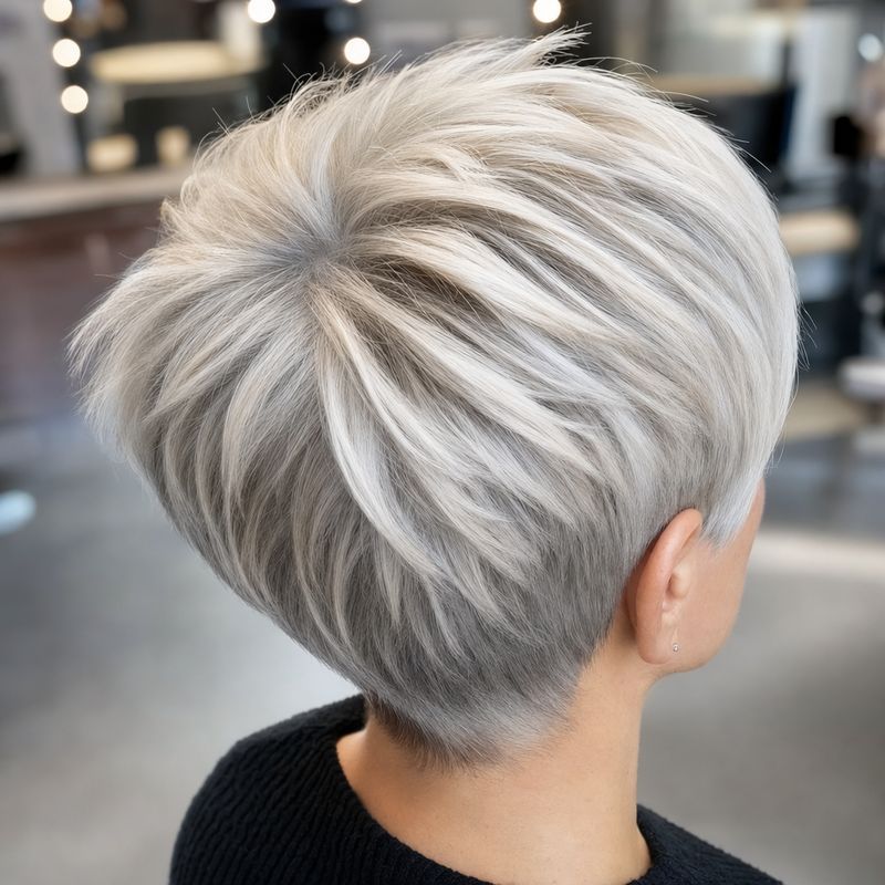 a finished textured pixie cut in cool platinum blonde with fine ash lowlights, photographed from a high rear three-quarter angle; no long hair and no copper